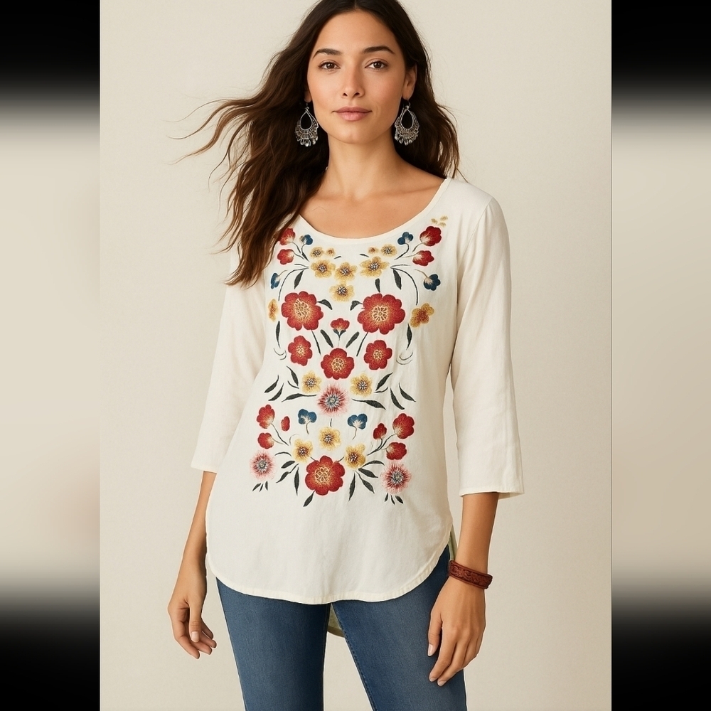 Johnny Was Womens Cream Floral Embroidered 3/4 Sleeve Boho Chic Top S